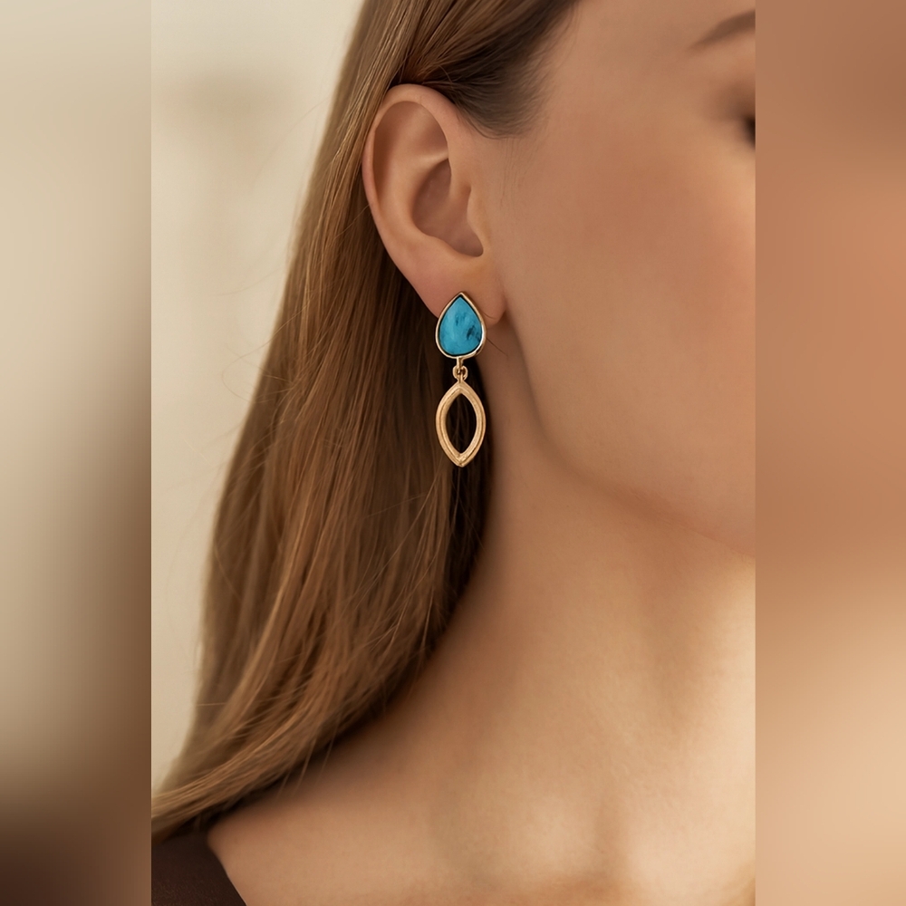 Gold Plated Turquoise Drop Earrings Nice &‎ Bella - Picture 2 of 3